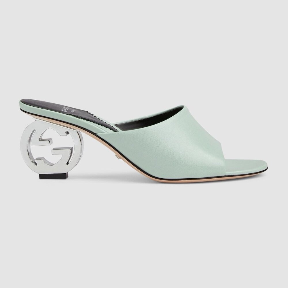 NEW GUCCI Women's Interlocking G heel sandals Light Green Sz 37.5 100% Authentic